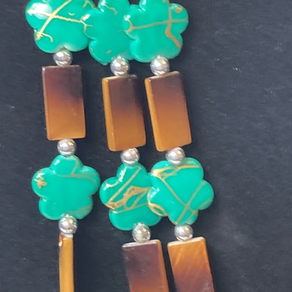 Green Brown Gold Flower Bead Necklace 18" 3" Extender - Picture 4 of 13